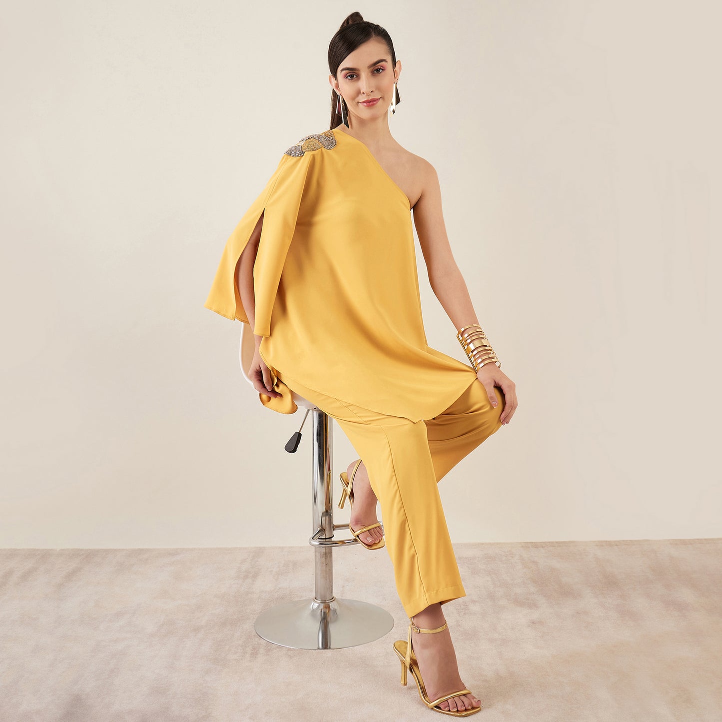 Mustard One-Shoulder Crystal Hand Embroidered Asymmetrical Top with Straight Pants Set