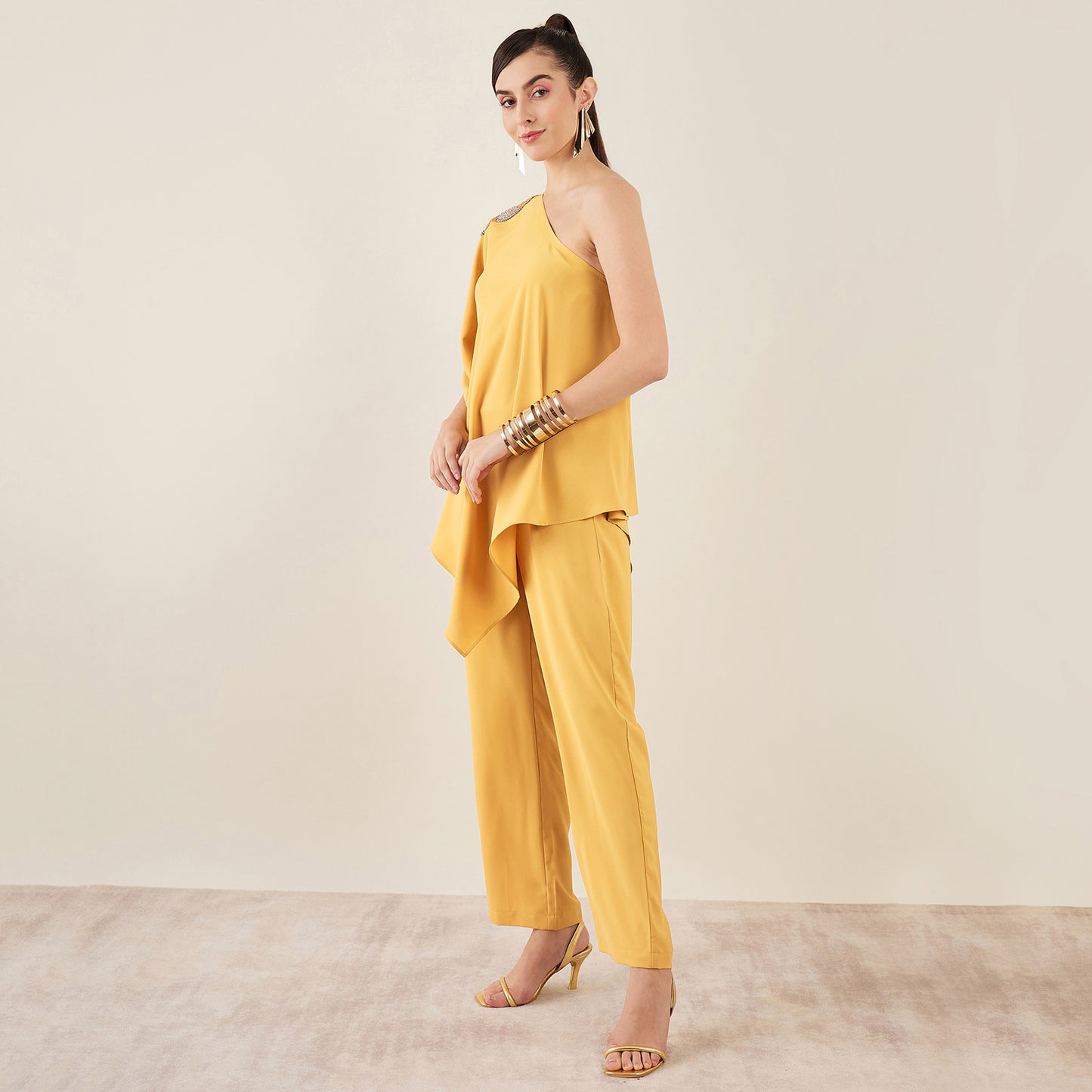 Mustard One-Shoulder Crystal Hand Embroidered Asymmetrical Top with Straight Pants Set