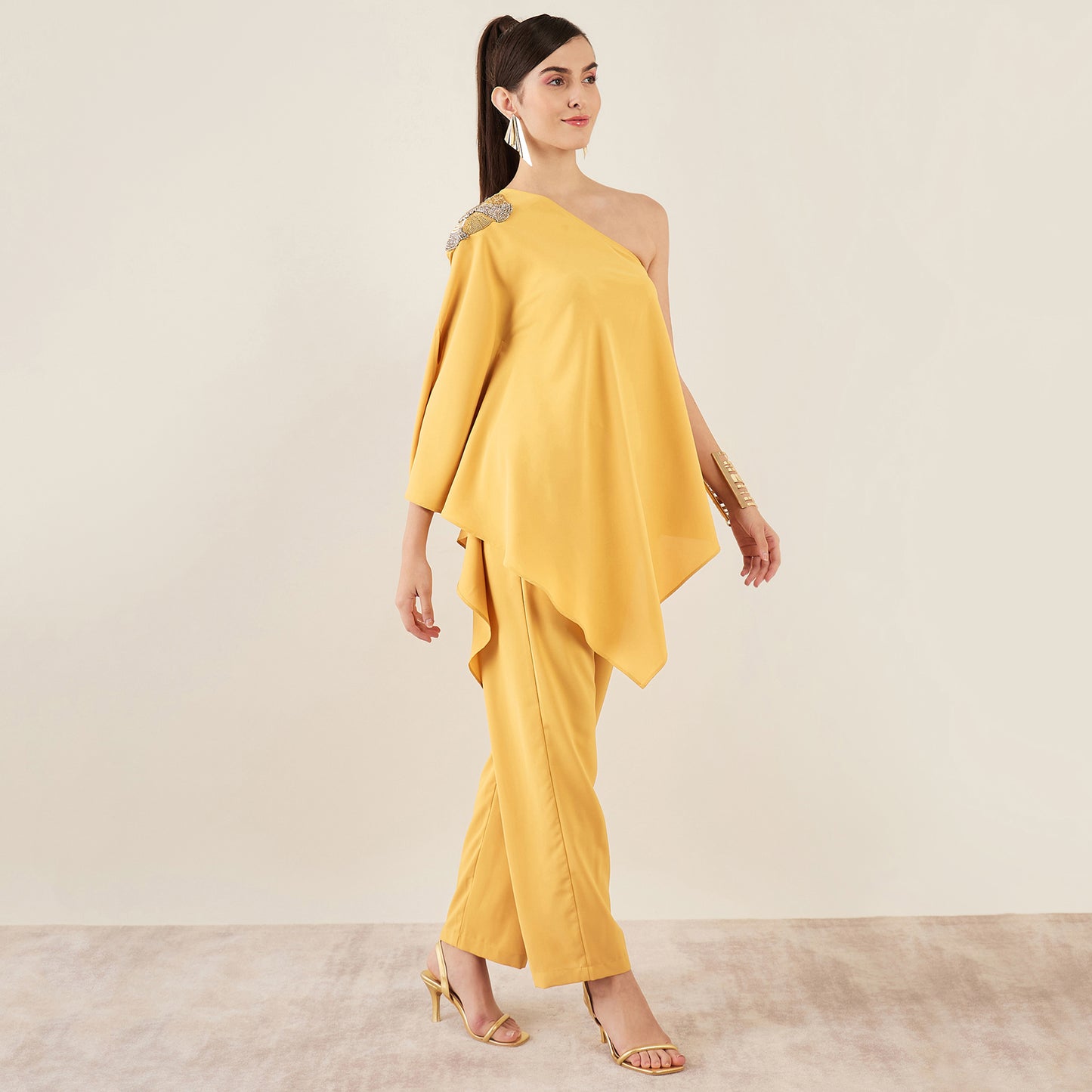 Mustard One-Shoulder Crystal Hand Embroidered Asymmetrical Top with Straight Pants Set