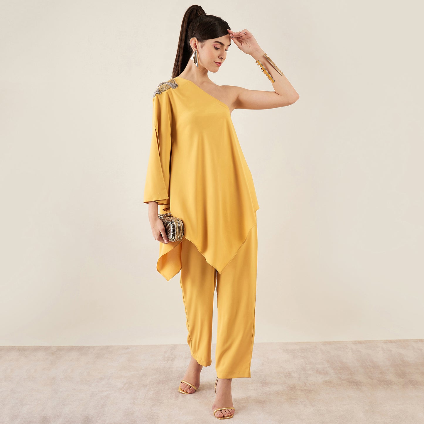 Mustard One-Shoulder Crystal Hand Embroidered Asymmetrical Top with Straight Pants Set
