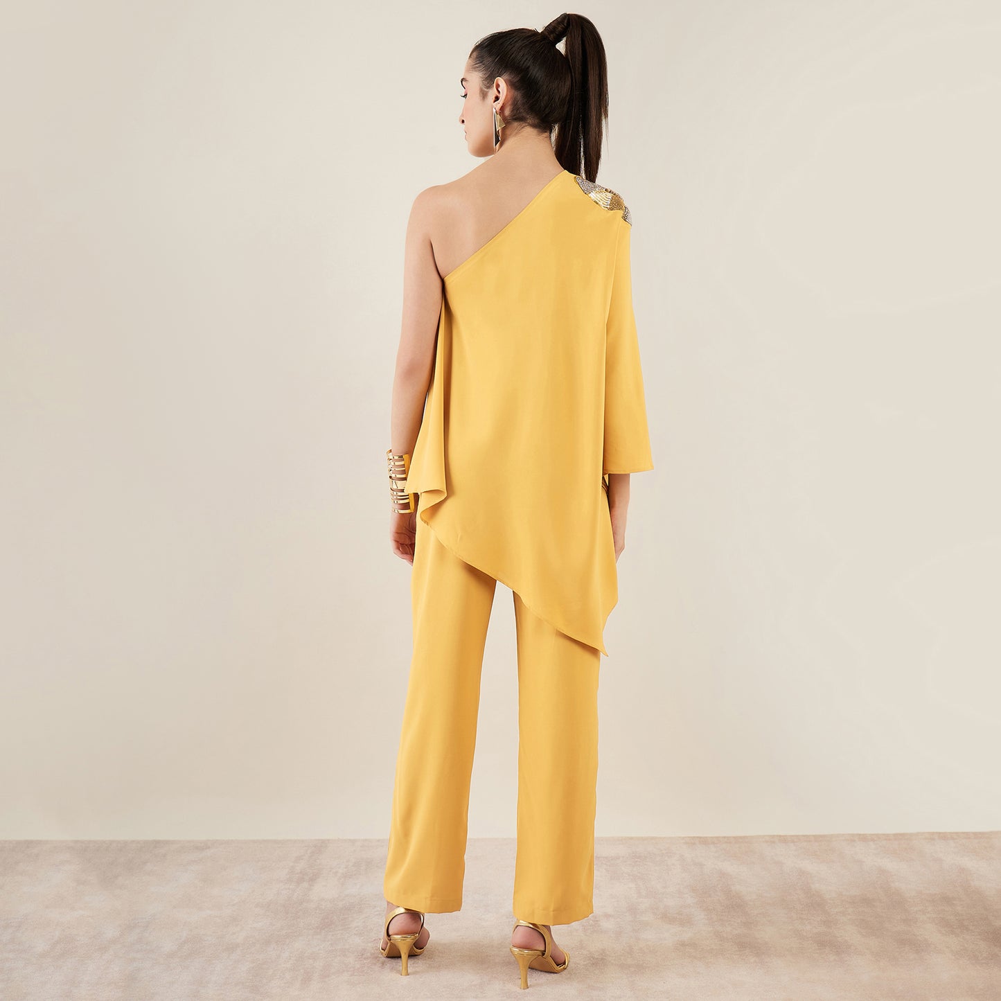 Mustard One-Shoulder Crystal Hand Embroidered Asymmetrical Top with Straight Pants Set