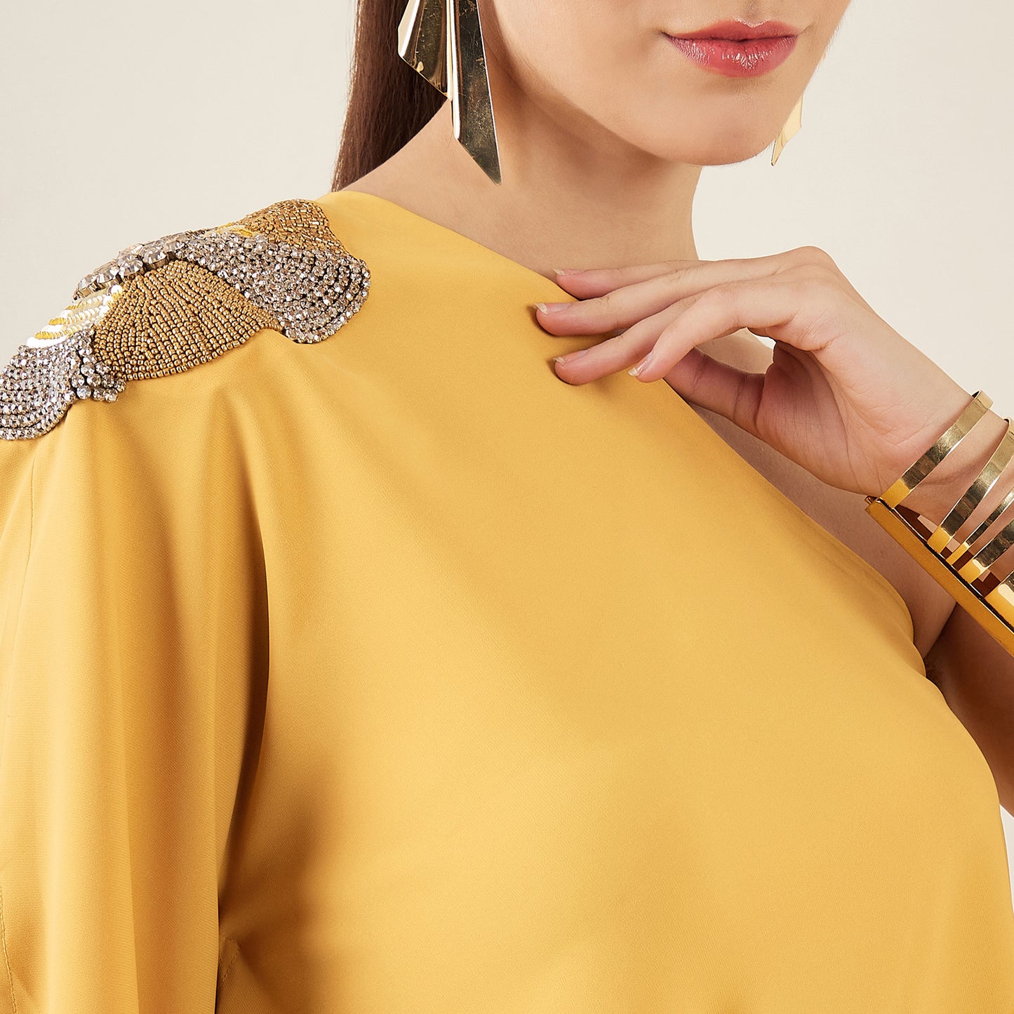 Mustard One-Shoulder Crystal Hand Embroidered Asymmetrical Top with Straight Pants Set