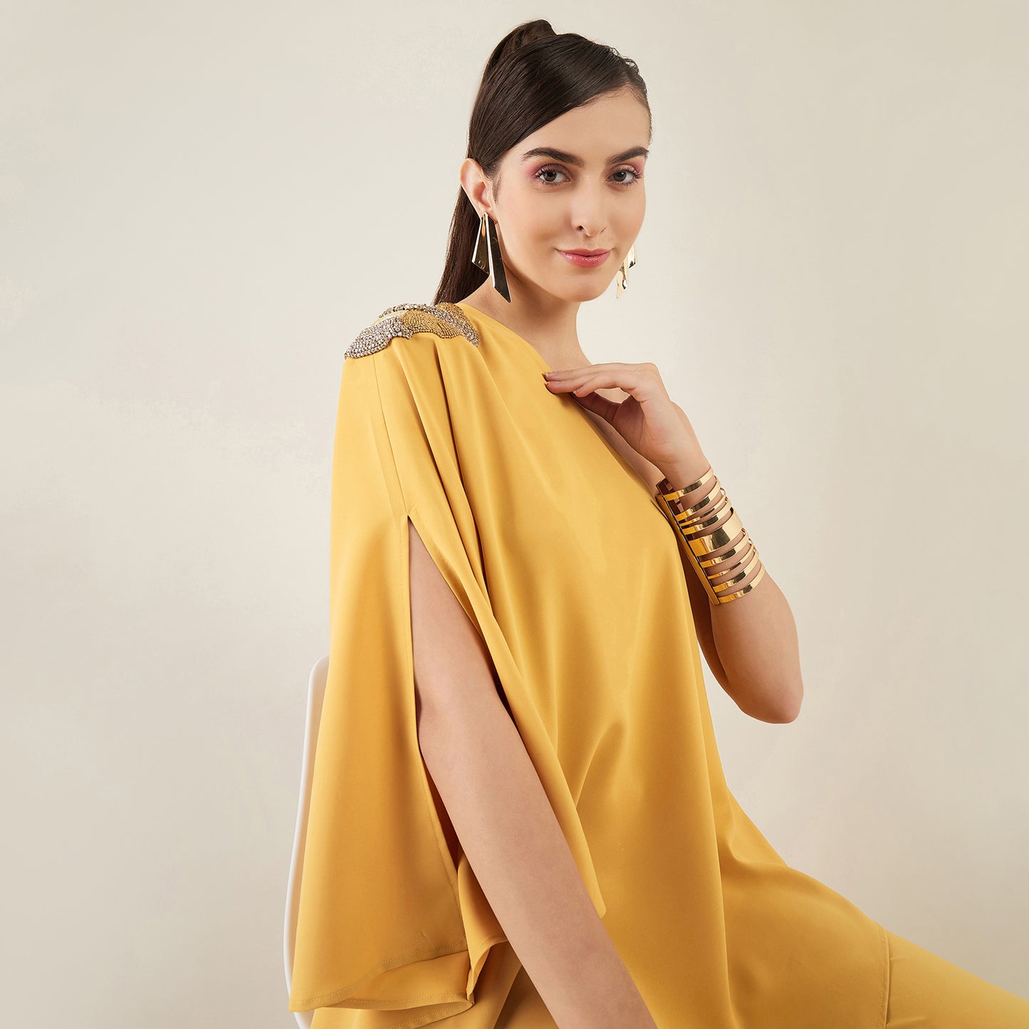 Mustard One-Shoulder Crystal Hand Embroidered Asymmetrical Top with Straight Pants Set