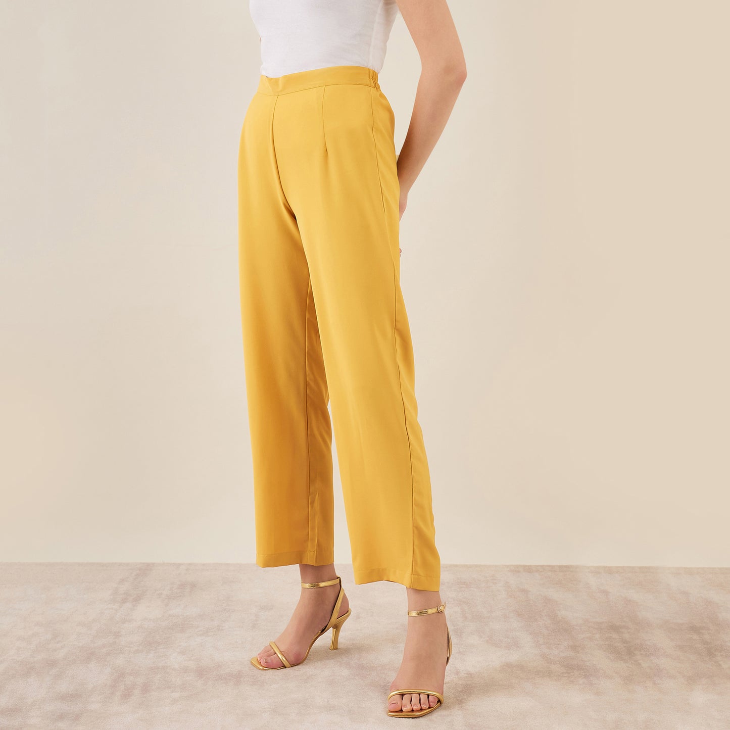 Mustard One-Shoulder Crystal Hand Embroidered Asymmetrical Top with Straight Pants Set