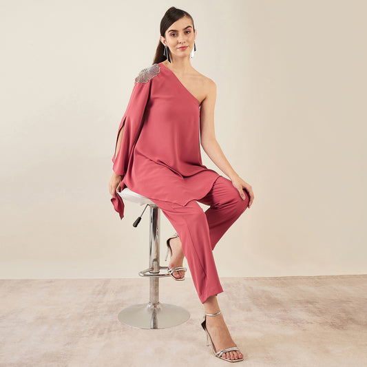 Rouge Red One-Shoulder Crystal Hand Embroidered Asymmetrical Top with Straight Pants Set