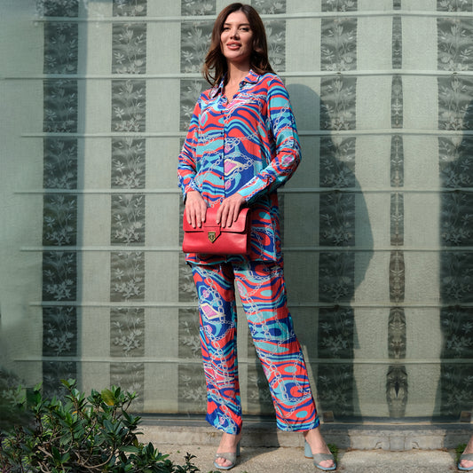 Blue and Red Marine Wave Print Shirt and Pants Set