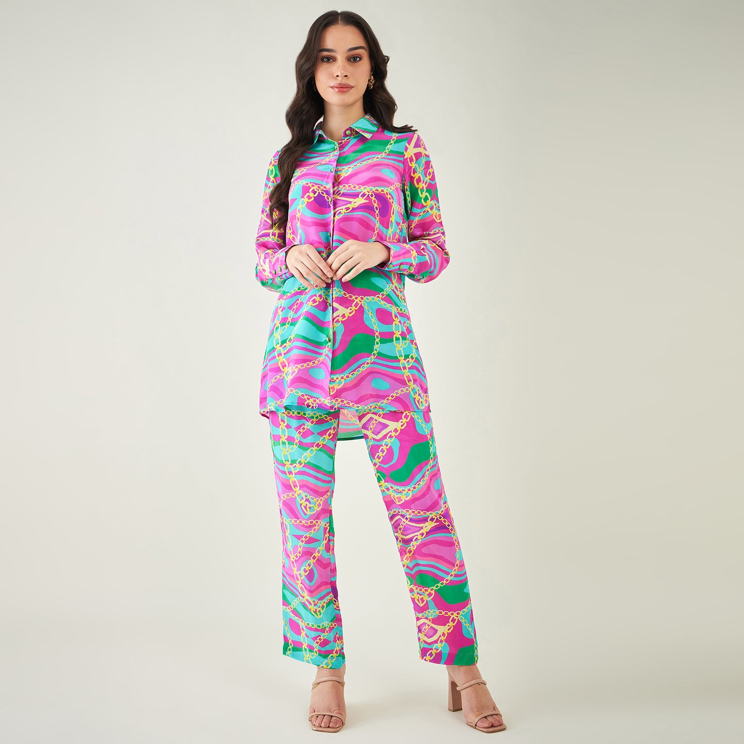 Pink and Green Marine Wave Print Shirt and Pants Set