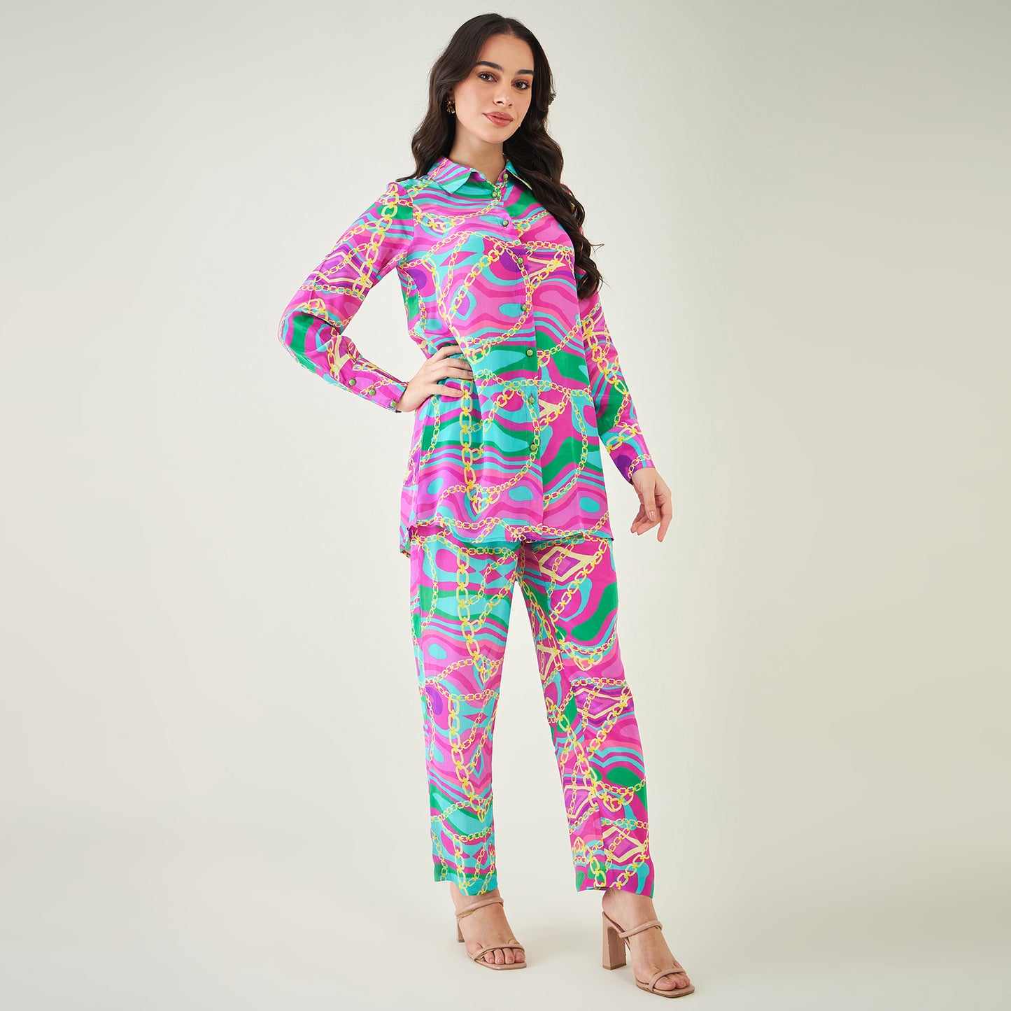 Pink and Green Marine Wave Print Shirt and Pants Set