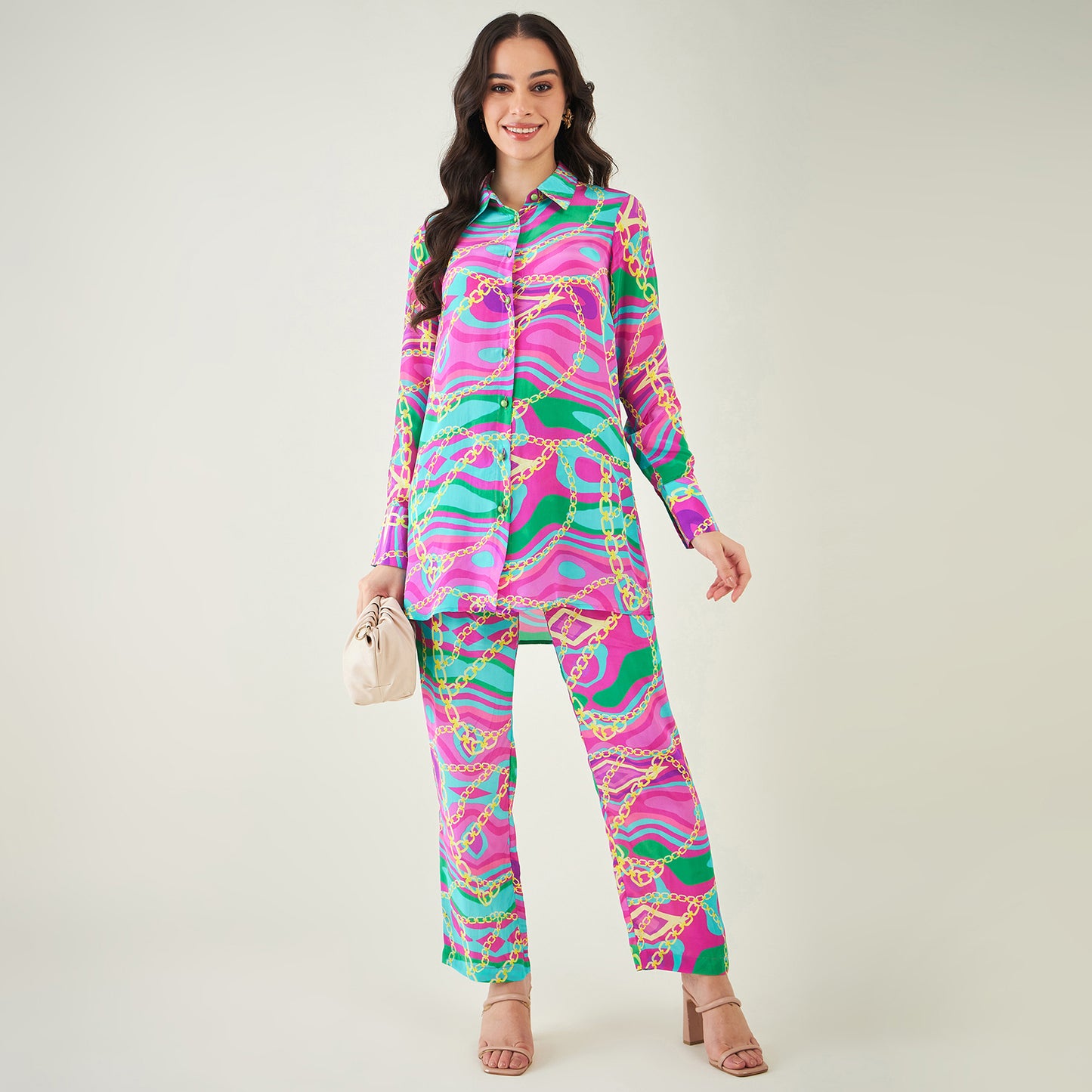 Pink and Green Marine Wave Print Shirt and Pants Set