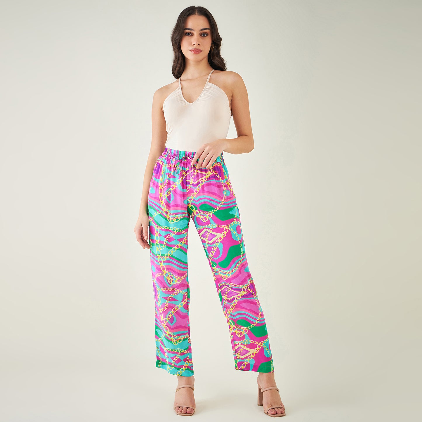 Pink and Green Marine Wave Print Shirt and Pants Set