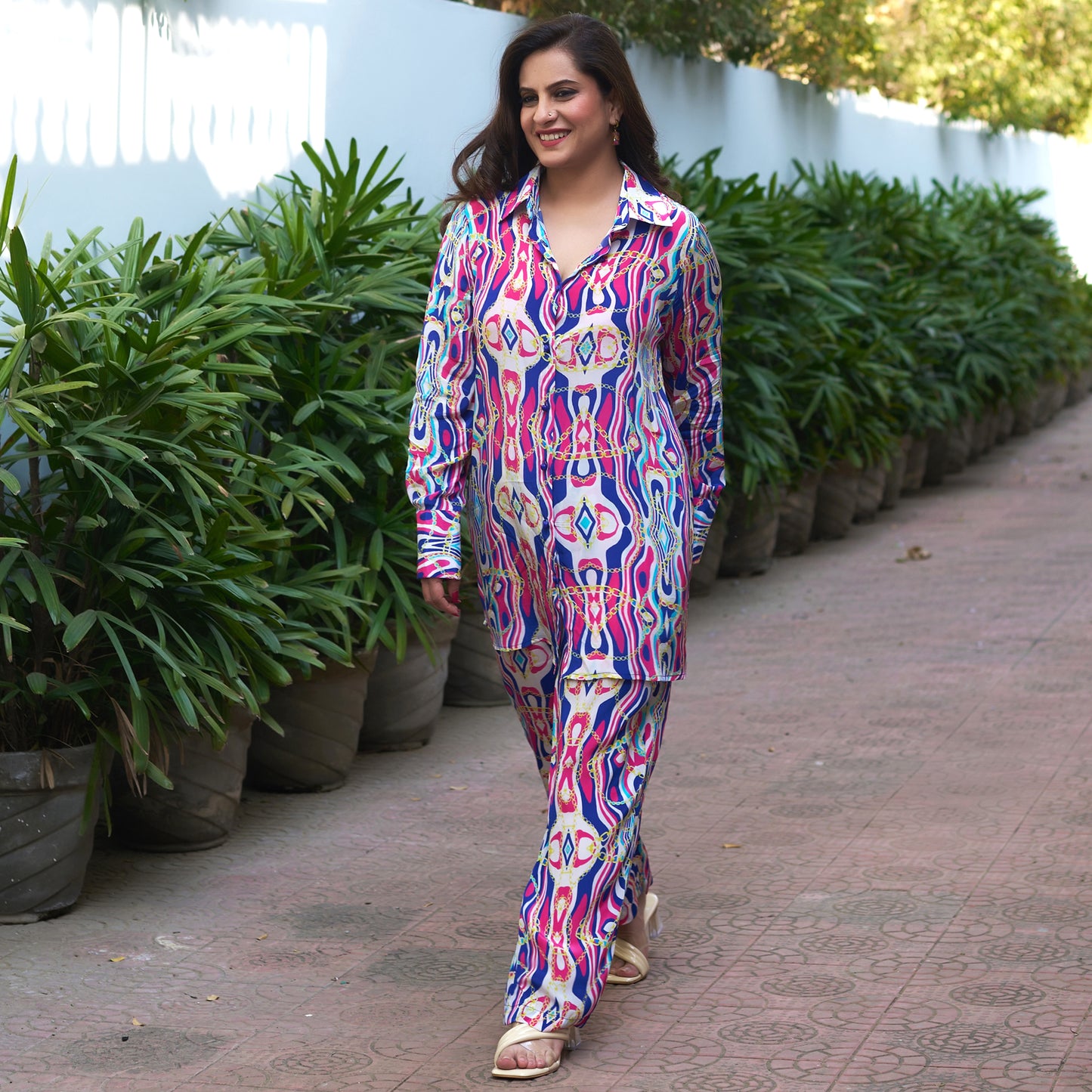 Blue and Pink Marine Wave Print Shirt and Pants Set