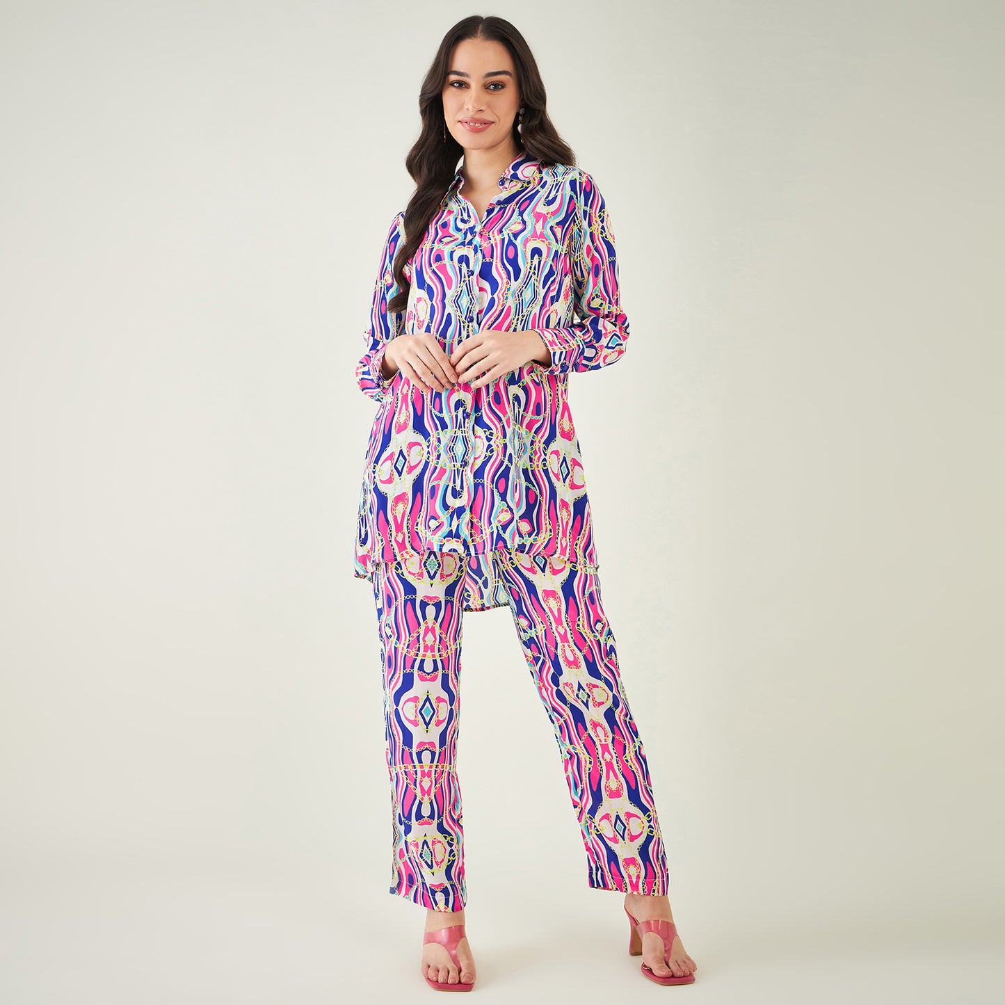 Blue and Pink Marine Wave Print Shirt and Pants Set