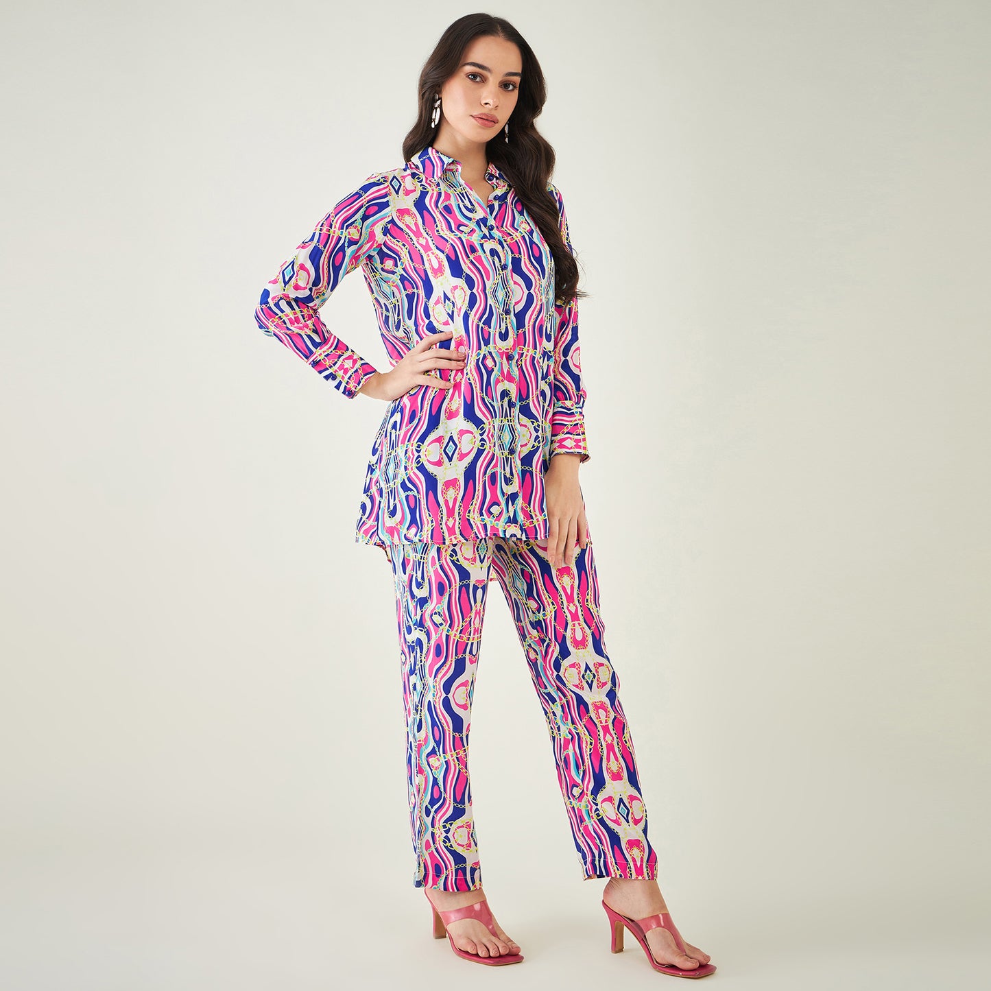 Blue and Pink Marine Wave Print Shirt and Pants Set