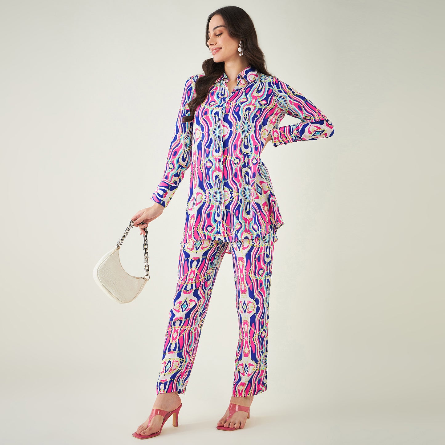 Blue and Pink Marine Wave Print Shirt and Pants Set