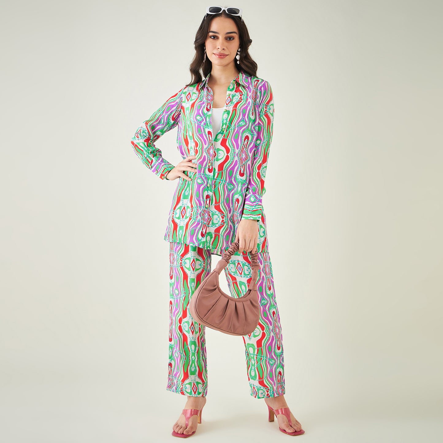 Green and Orange Marine Wave Print Shirt and Pants Set