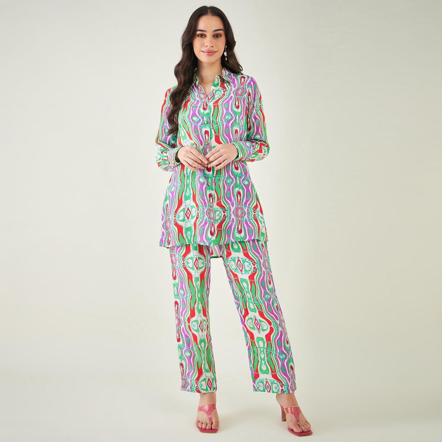 Green and Orange Marine Wave Print Shirt and Pants Set