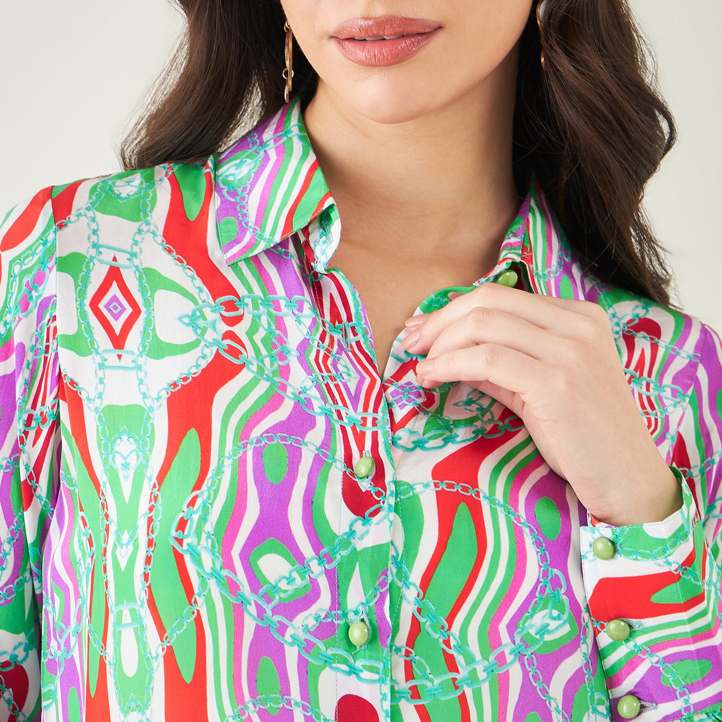 Green and Orange Marine Wave Print Shirt and Pants Set