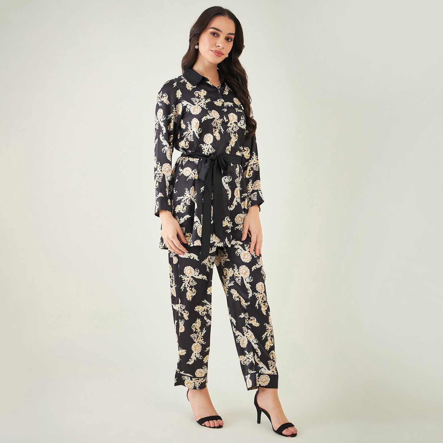 Black Baroque Print Shirt with Belt and Pants Set