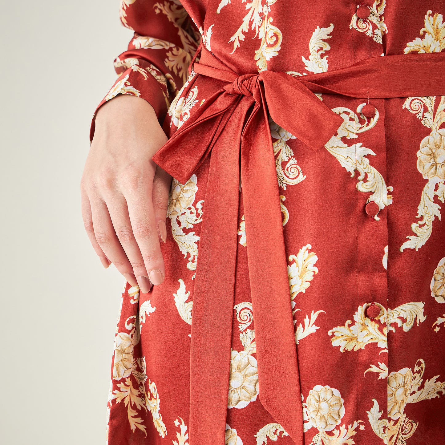 Red Baroque Print Shirt with Belt and Pants Set