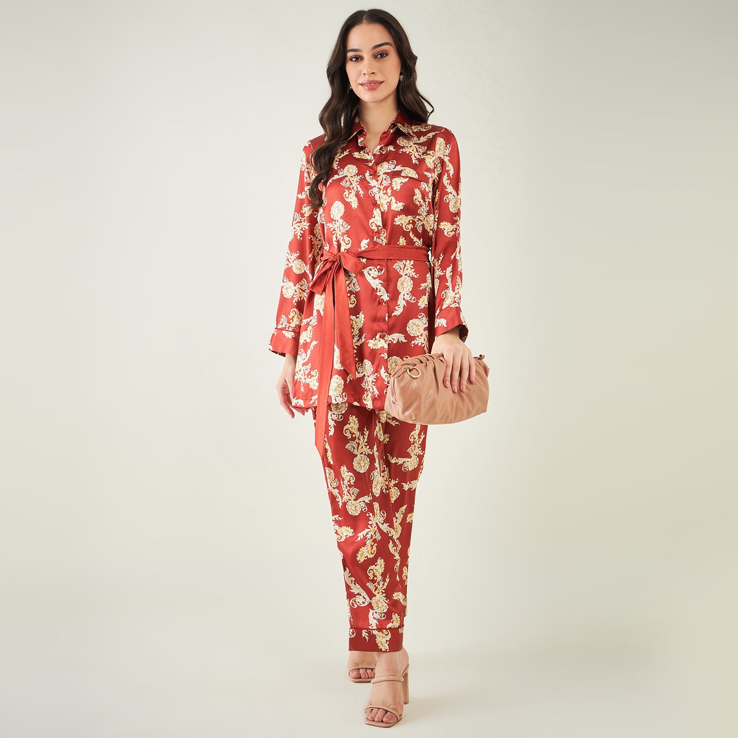 Red Baroque Print Shirt with Belt and Pants Set