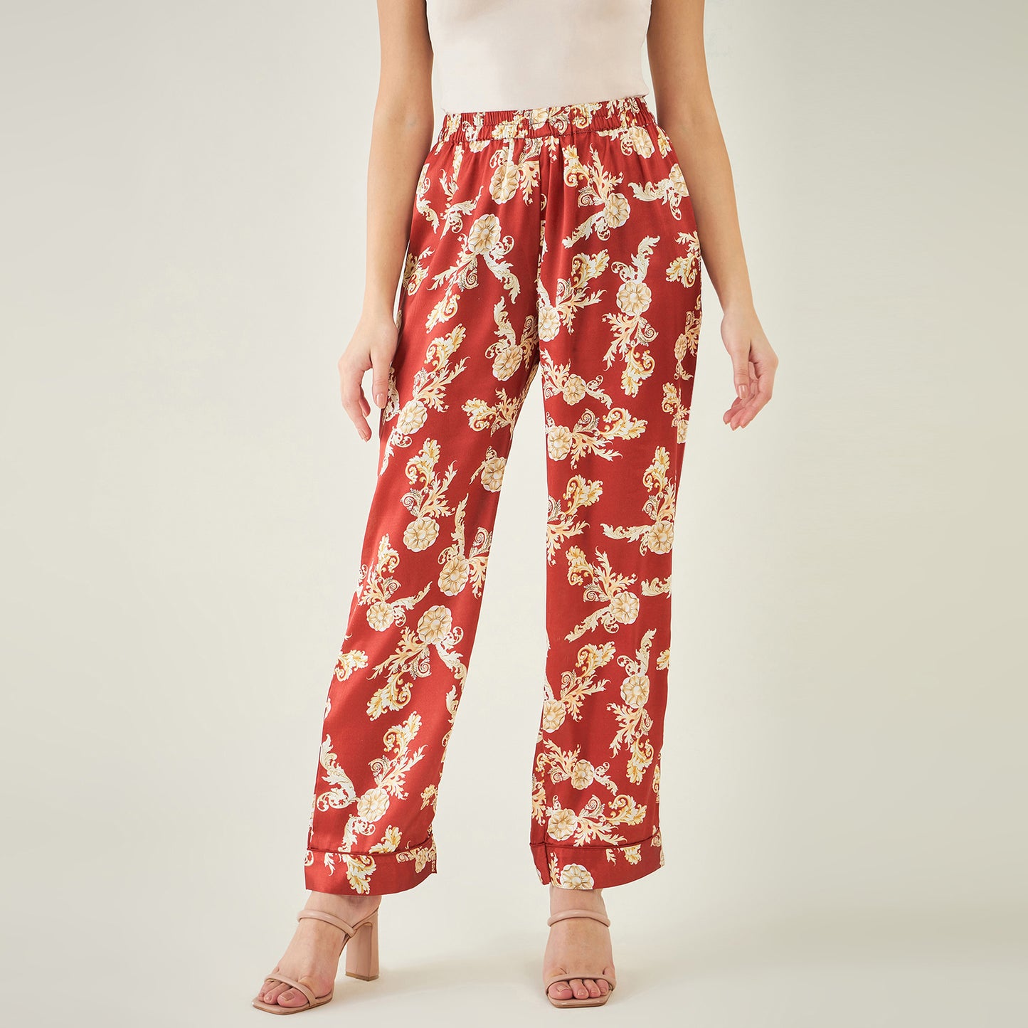 Red Baroque Print Shirt with Belt and Pants Set