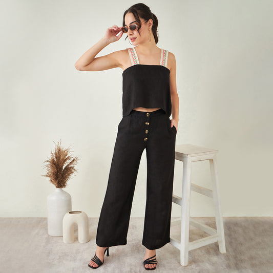 Black Linen Crop Top with Straight Pants Set
