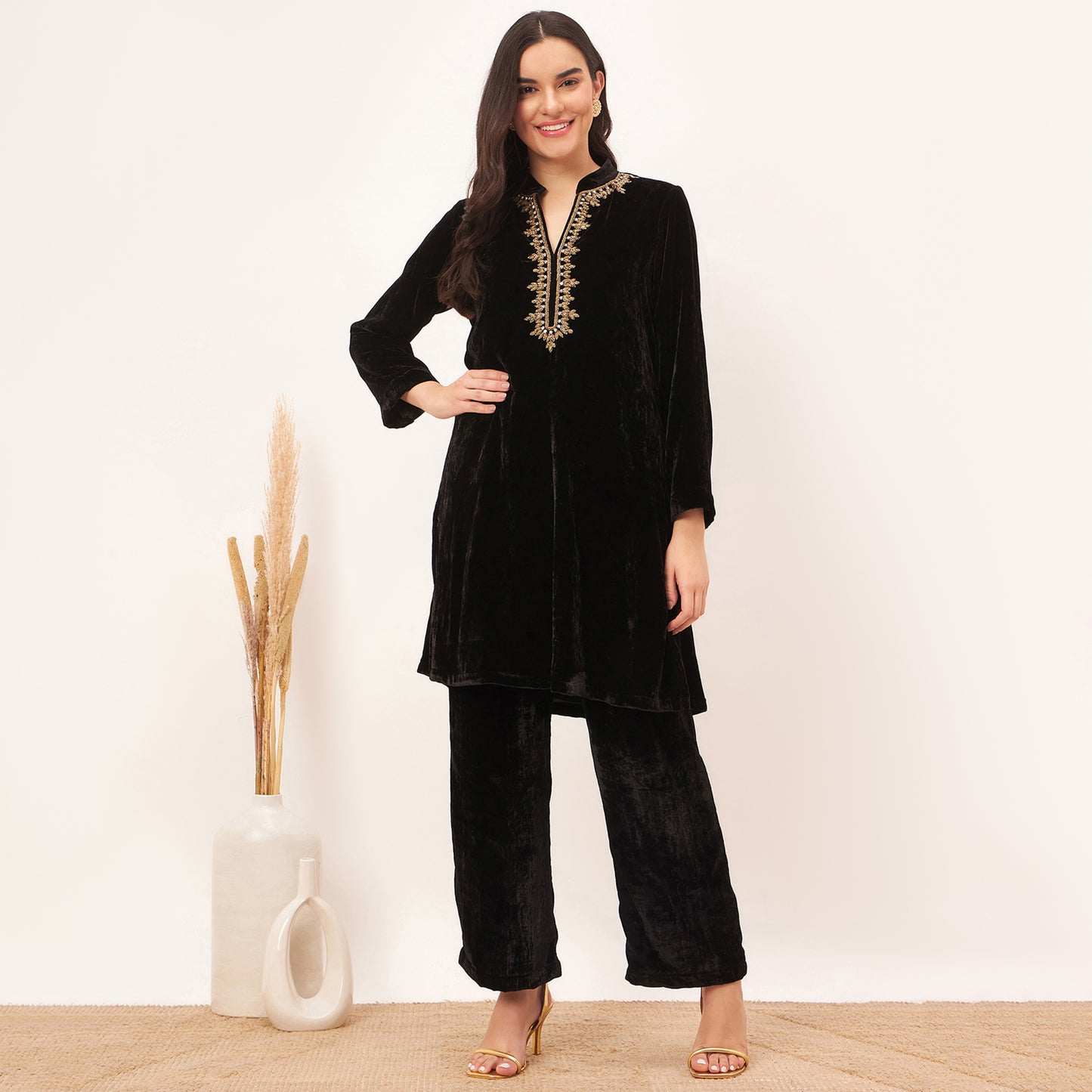 Black Hand Embroidered Silk Velvet Kurta and Straight Pants Set