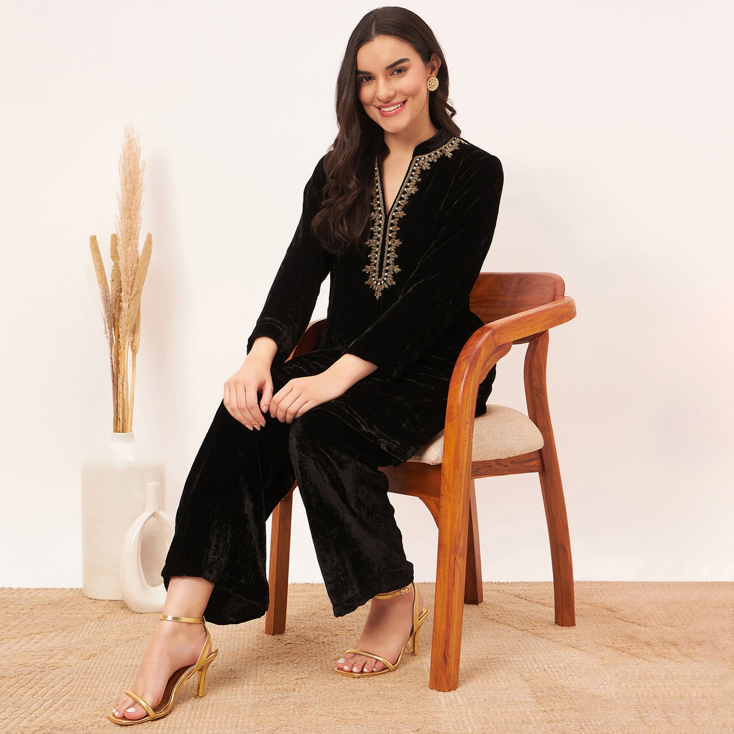 Black Hand Embroidered Silk Velvet Kurta and Straight Pants Set
