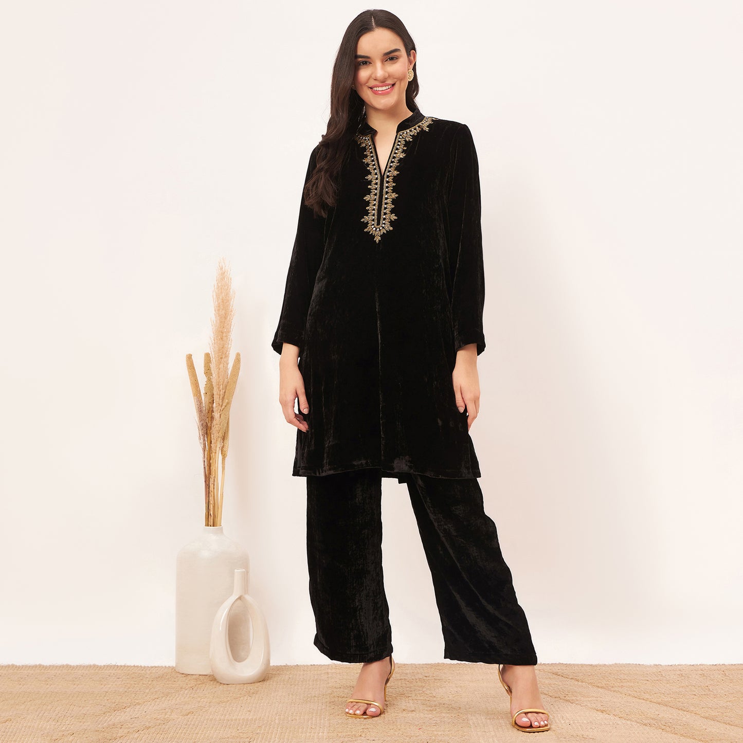 Black Hand Embroidered Silk Velvet Kurta and Straight Pants Set