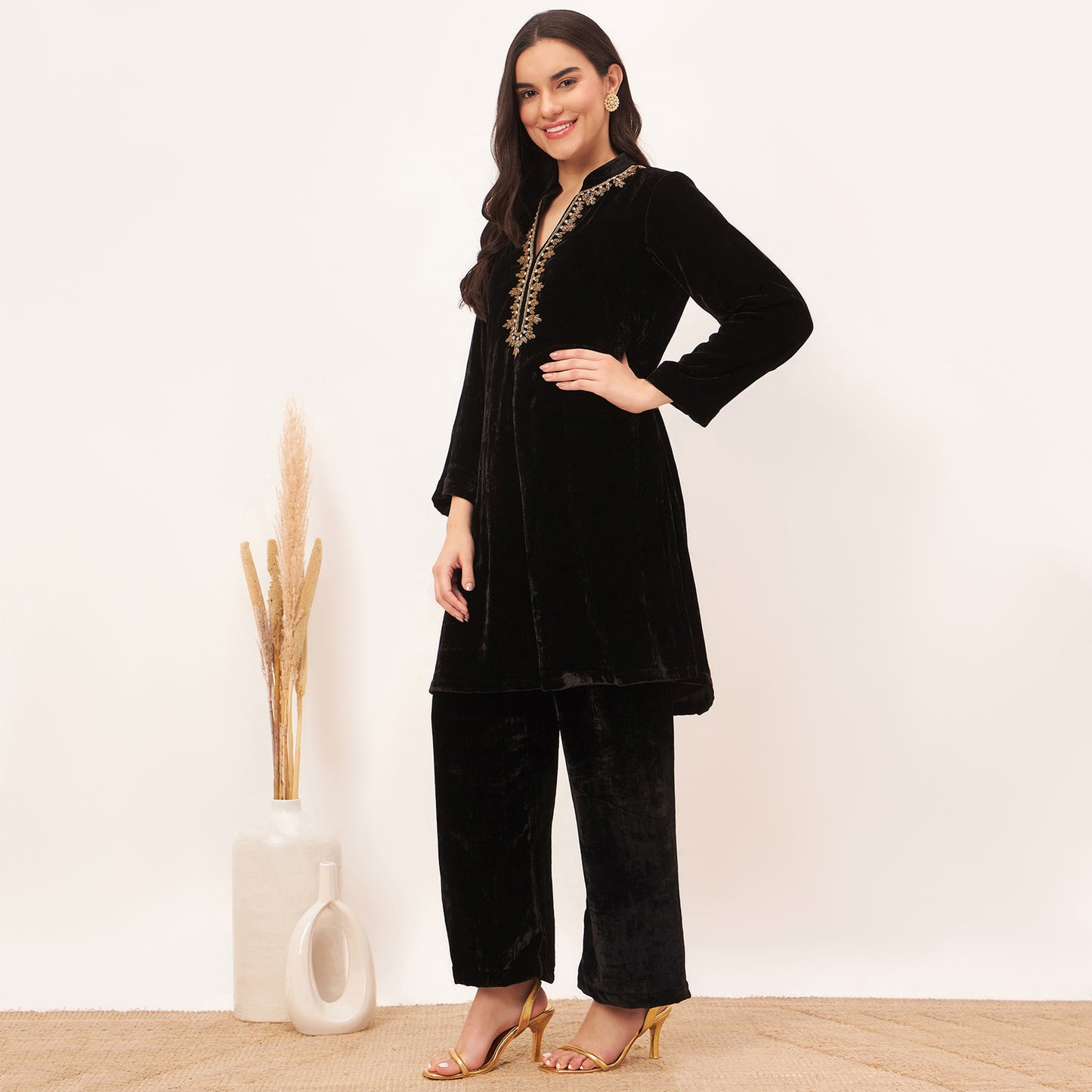Black Hand Embroidered Silk Velvet Kurta and Straight Pants Set