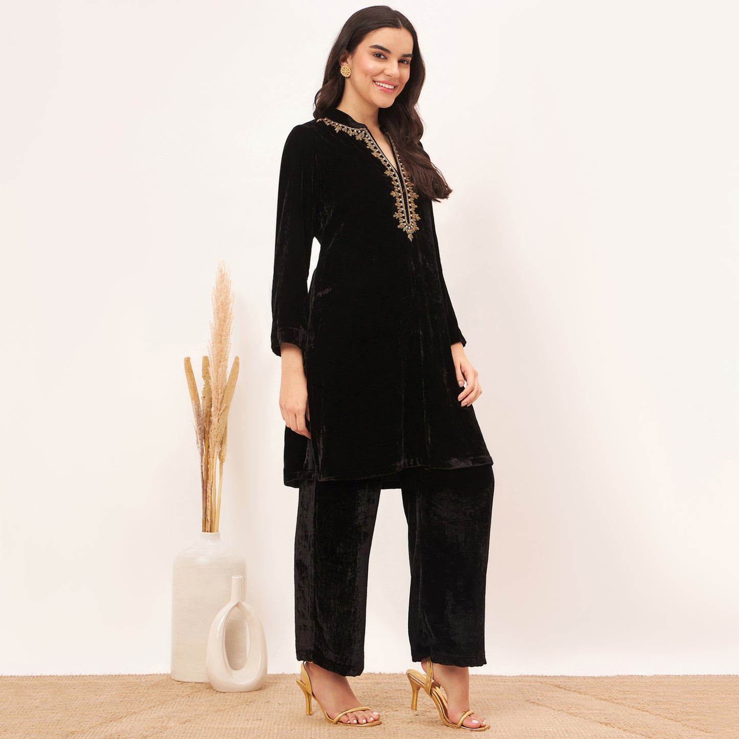 Black Hand Embroidered Silk Velvet Kurta and Straight Pants Set