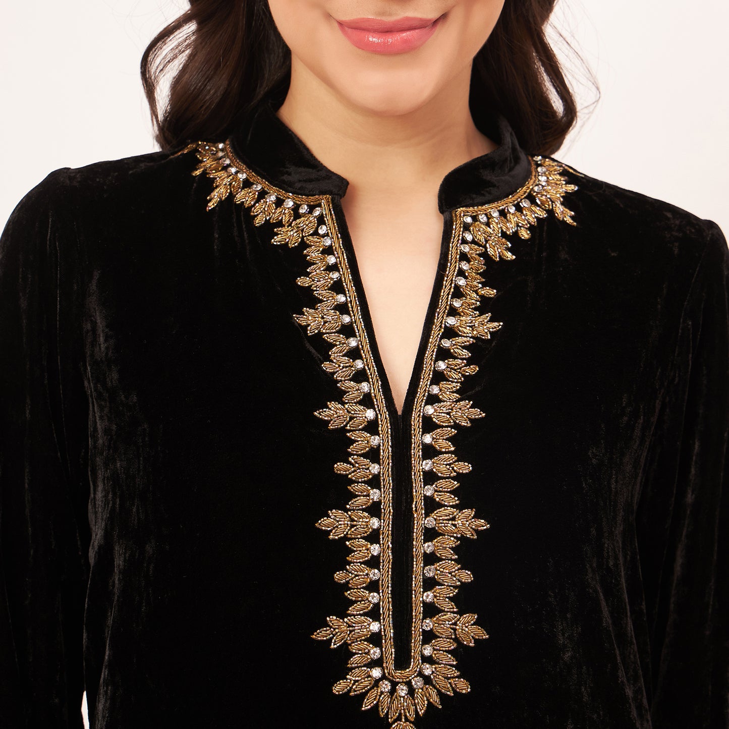 Black Hand Embroidered Silk Velvet Kurta and Straight Pants Set
