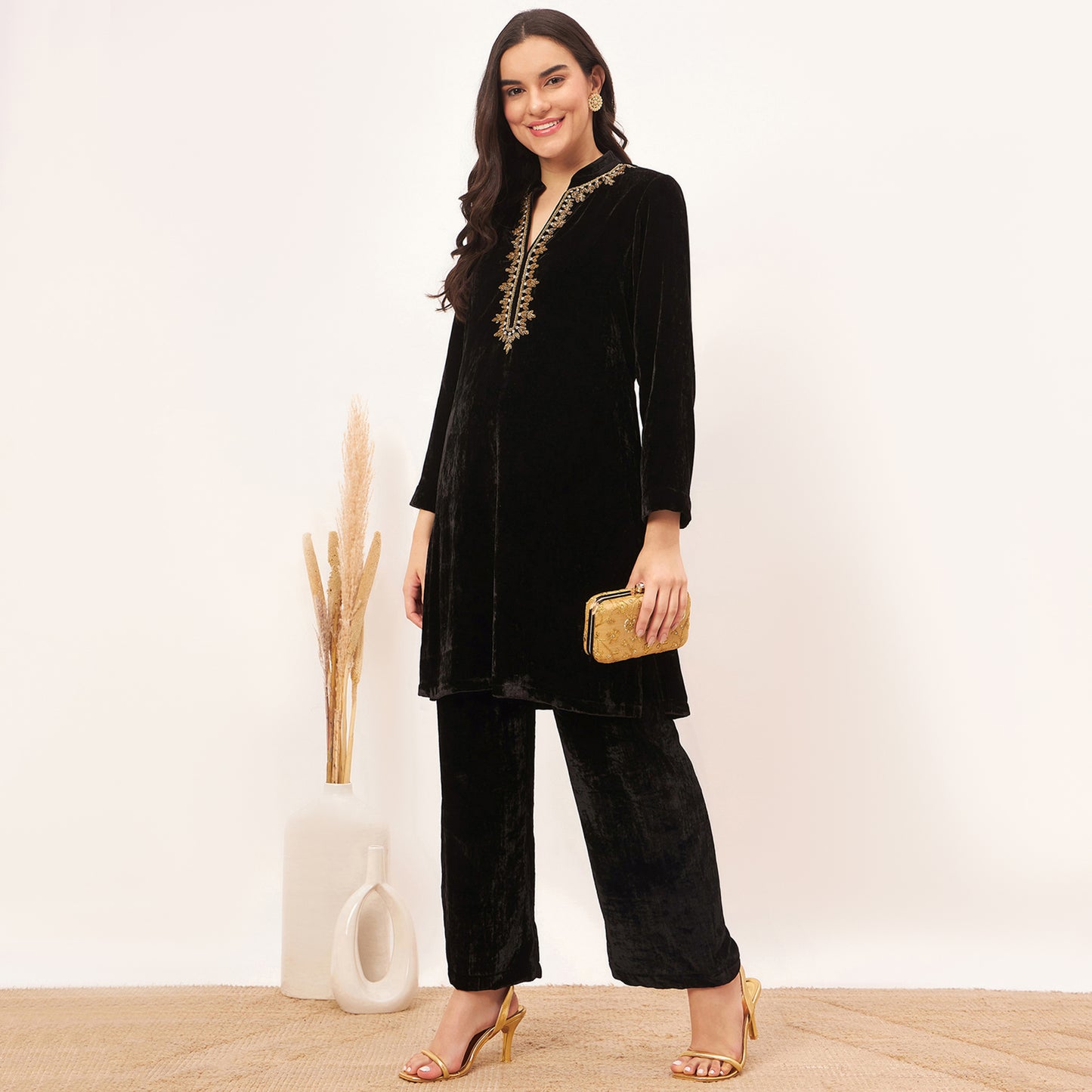 Black Hand Embroidered Silk Velvet Kurta and Straight Pants Set