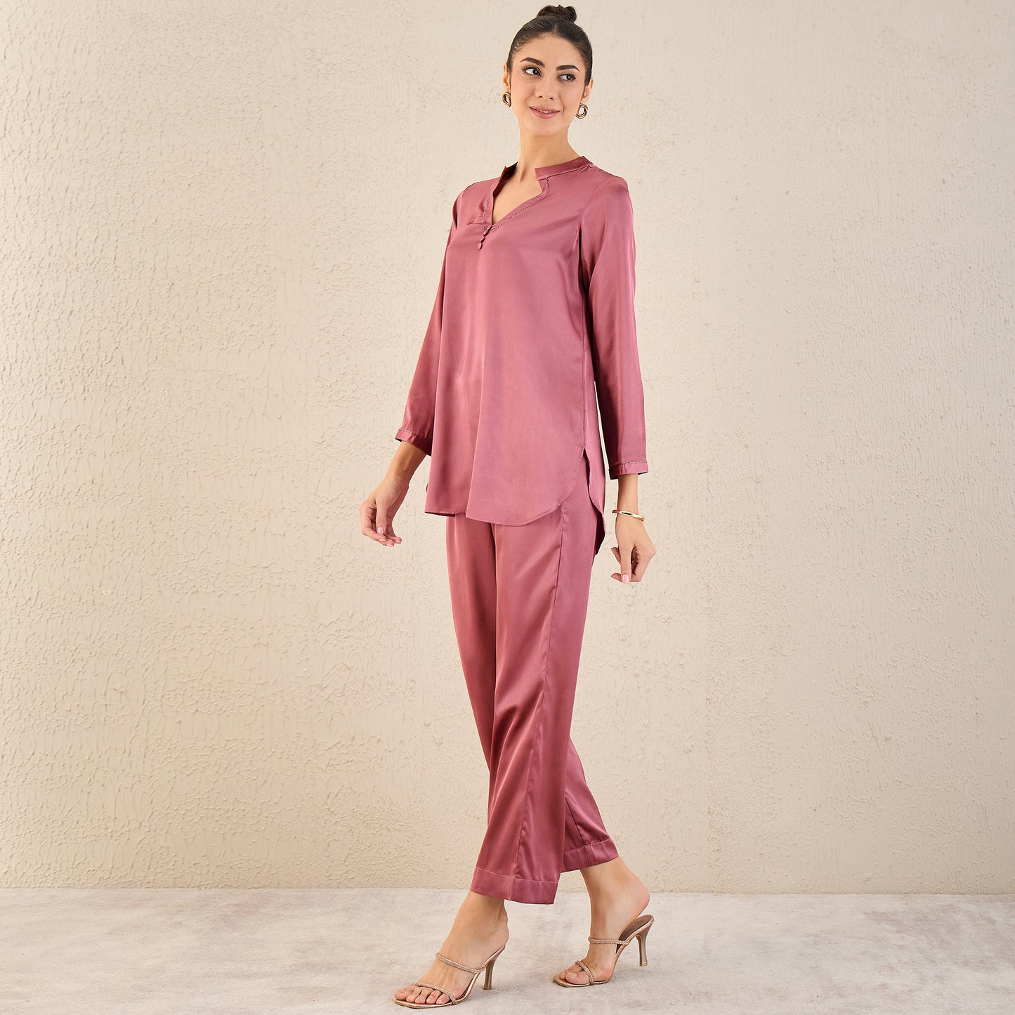 Old Rose Embellished Satin Top with Straight Pants