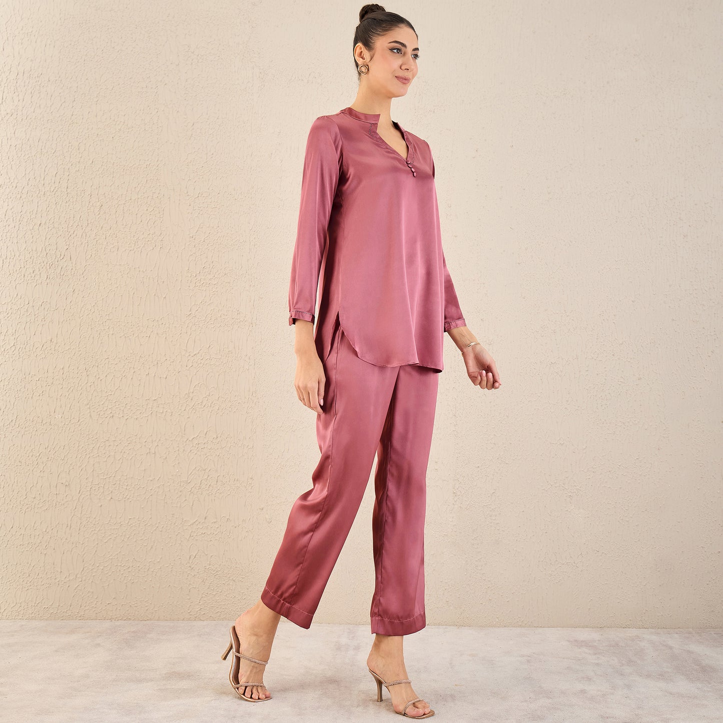 Old Rose Embellished Satin Top with Straight Pants