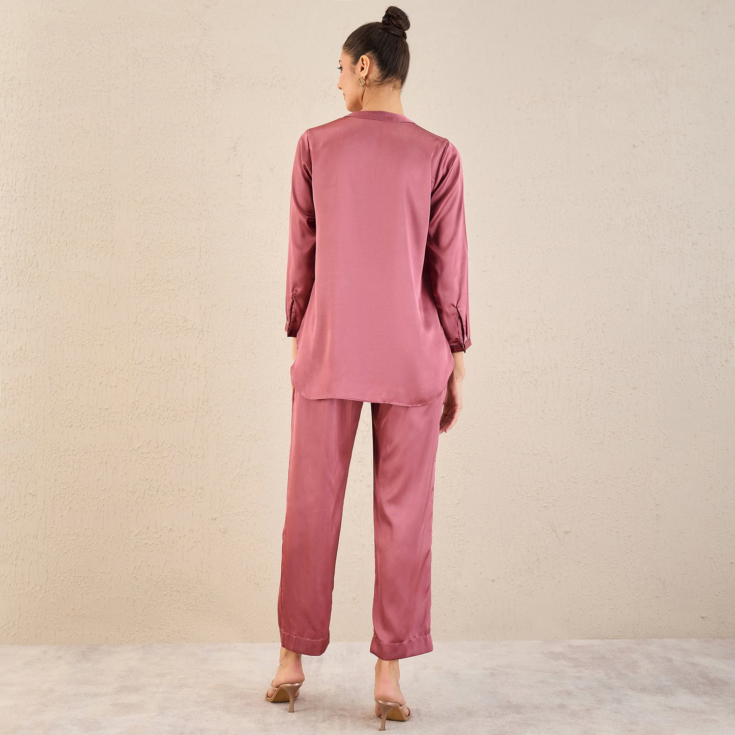 Old Rose Embellished Satin Top with Straight Pants