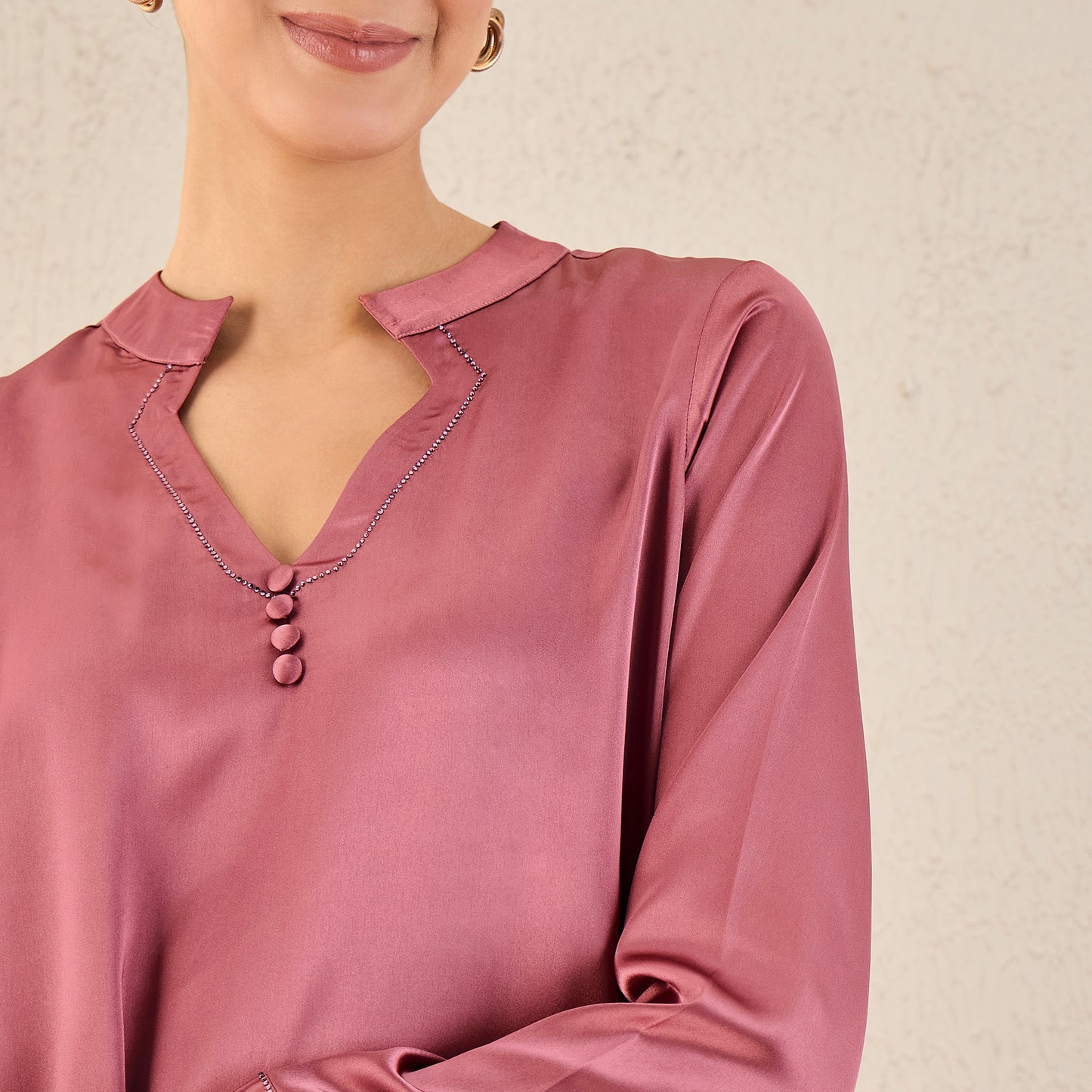 Old Rose Embellished Satin Top with Straight Pants