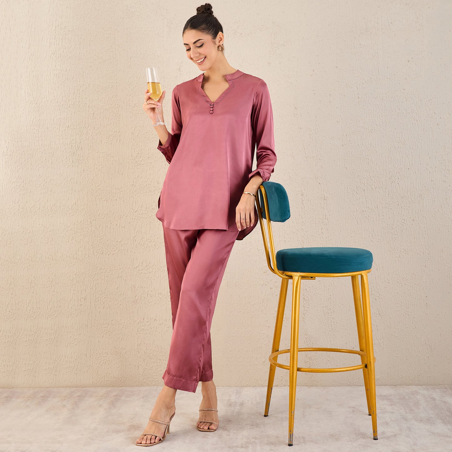 Old Rose Embellished Satin Top with Straight Pants
