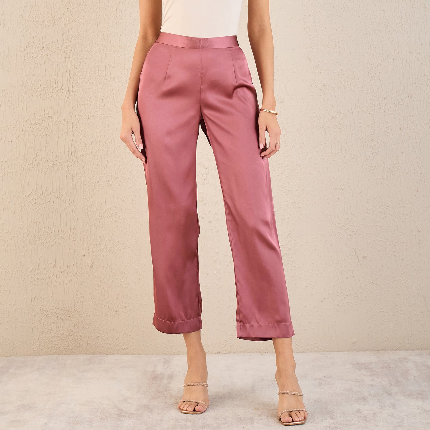 Old Rose Embellished Satin Top with Straight Pants