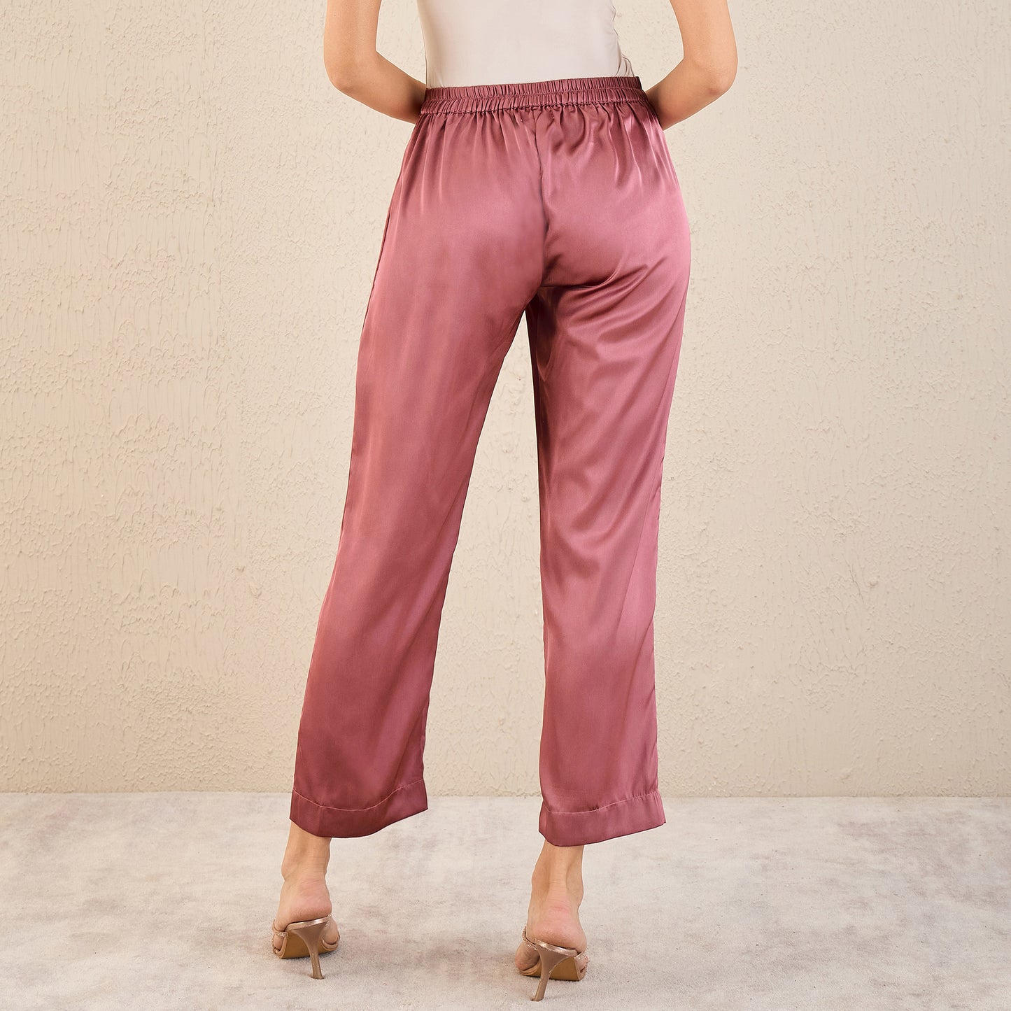 Old Rose Embellished Satin Top with Straight Pants