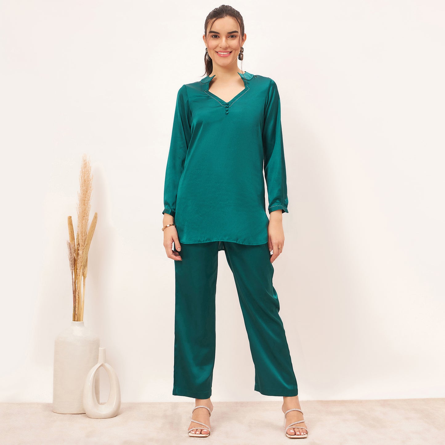 Teal Embellished Satin Top with Straight Pants