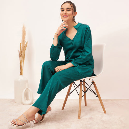 Teal Embellished Satin Top with Straight Pants