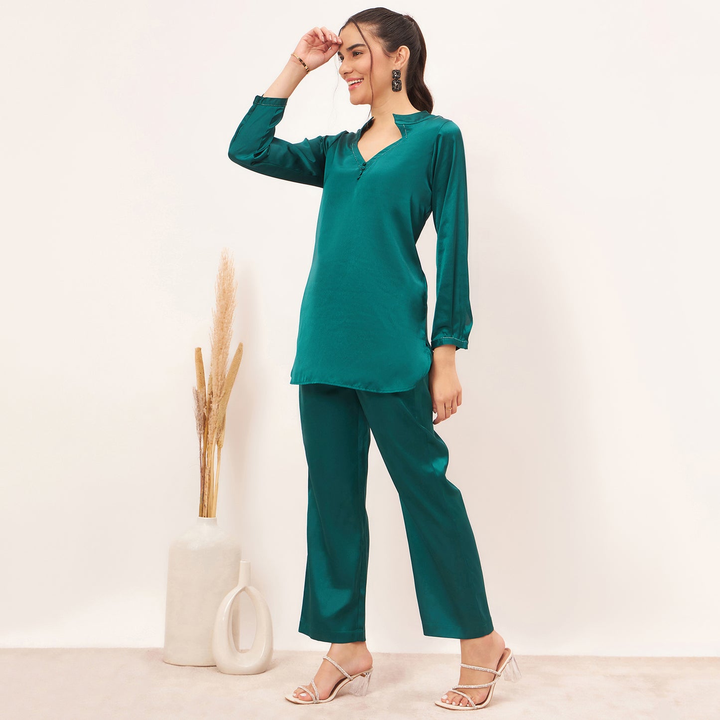 Teal Embellished Satin Top with Straight Pants