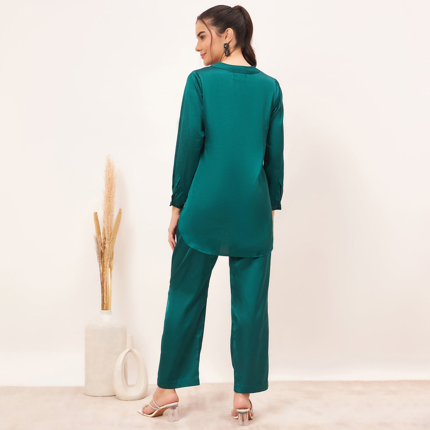 Teal Embellished Satin Top with Straight Pants