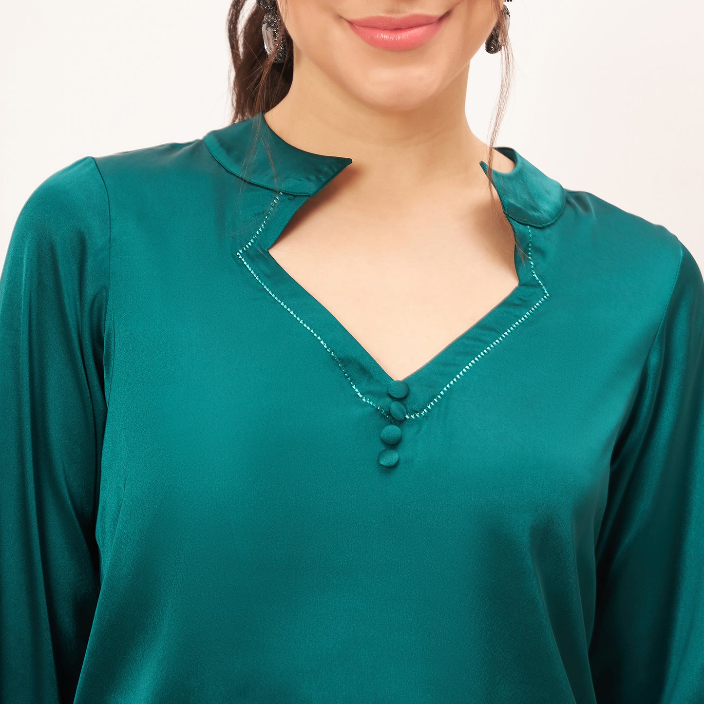 Teal Embellished Satin Top with Straight Pants