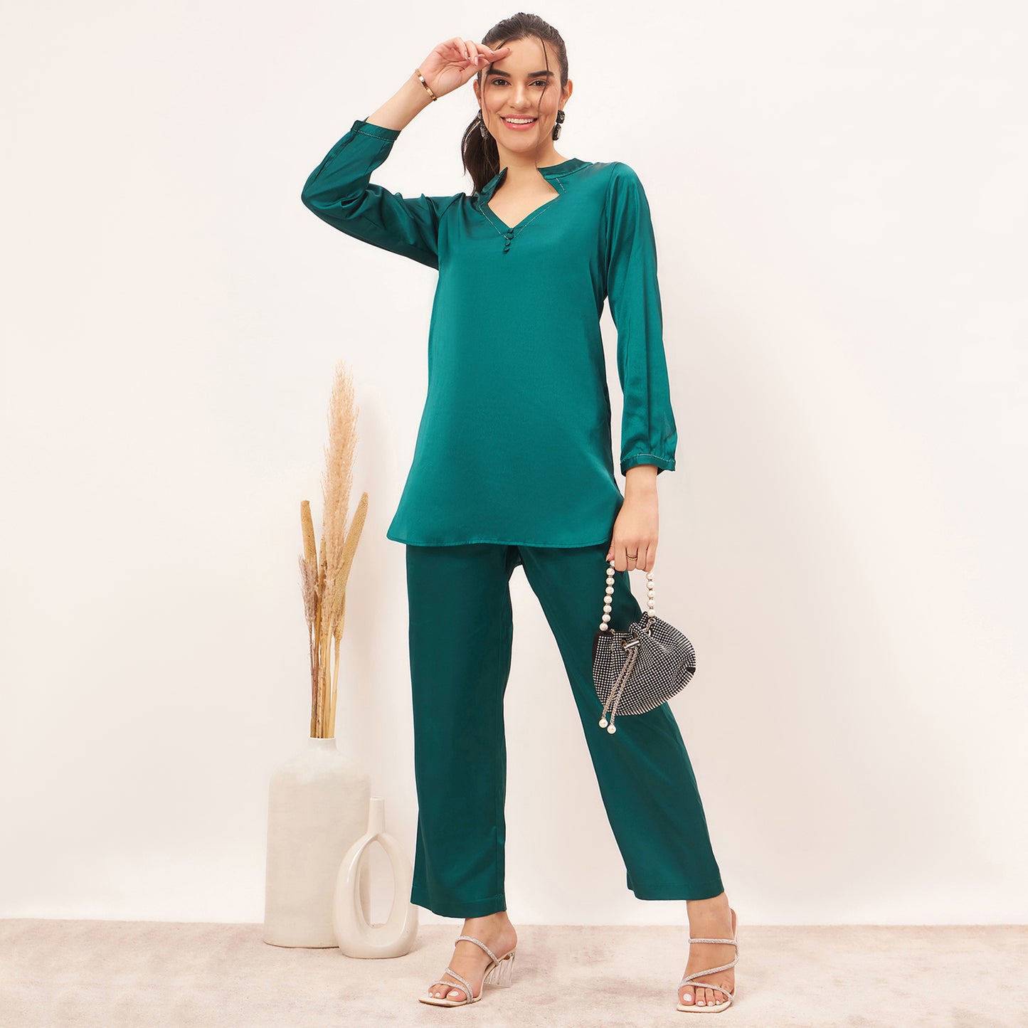 Teal Embellished Satin Top with Straight Pants