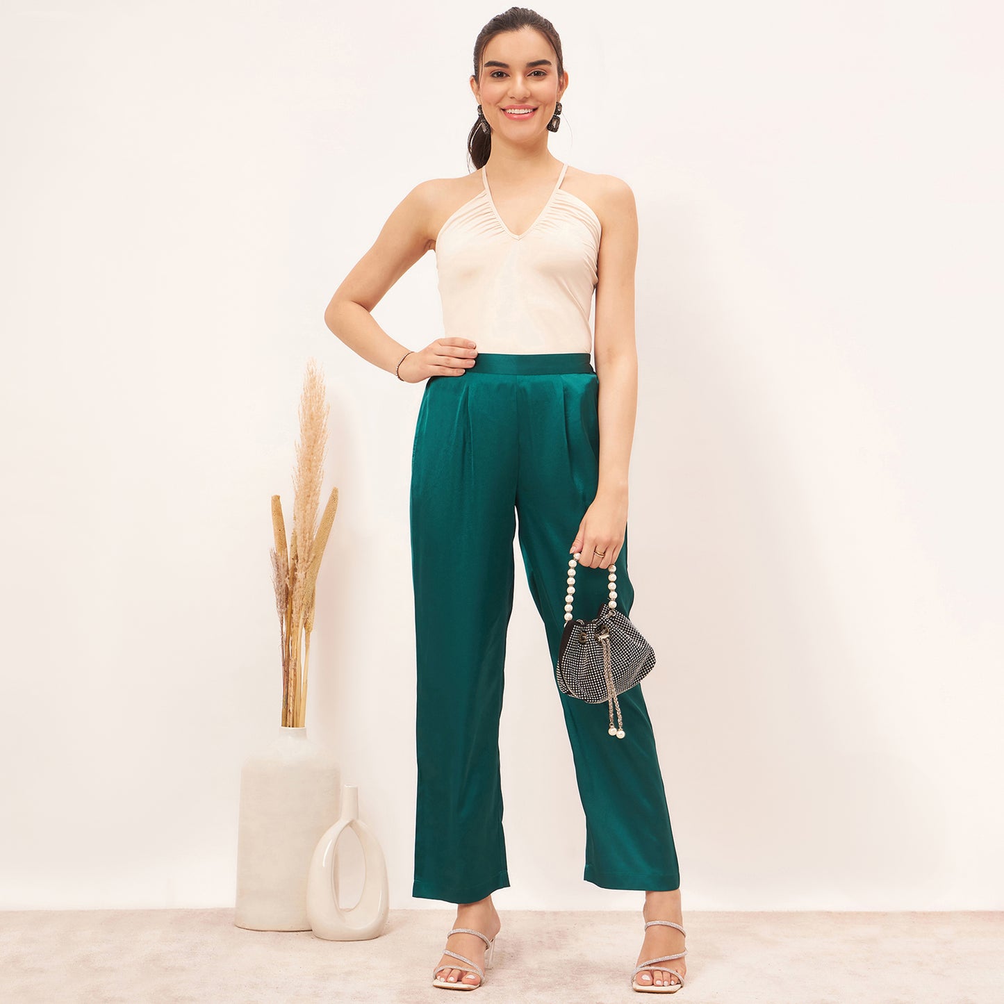 Teal Embellished Satin Top with Straight Pants