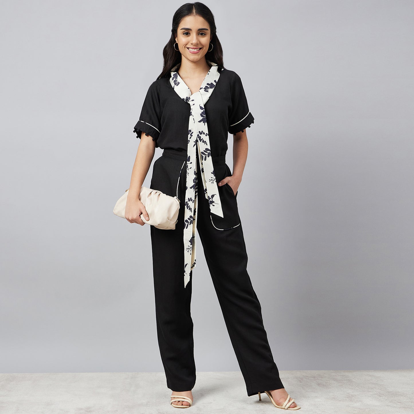 Black and Ivory Linen Top and Pants Set