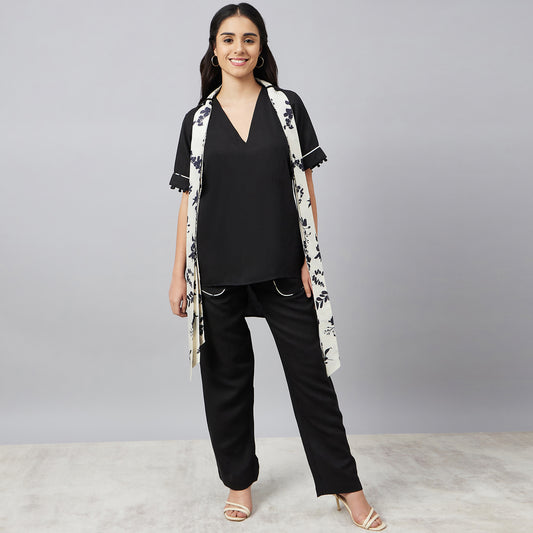 Black and Ivory Linen Top and Pants Set