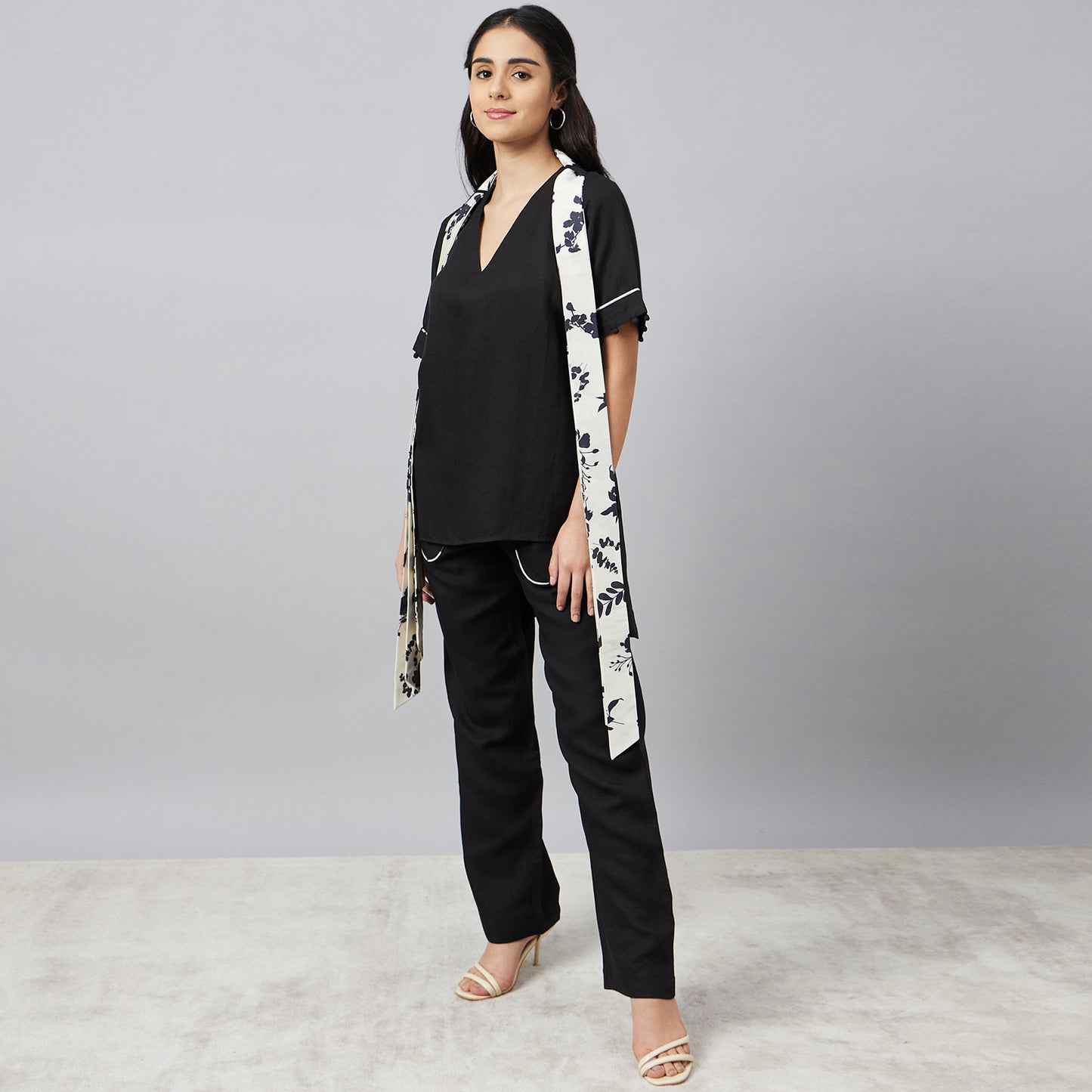 Black and Ivory Linen Top and Pants Set